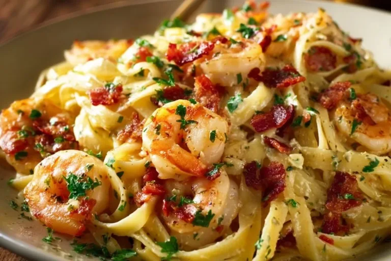 Delicious creamy shrimp pasta served in a bowl with herbs