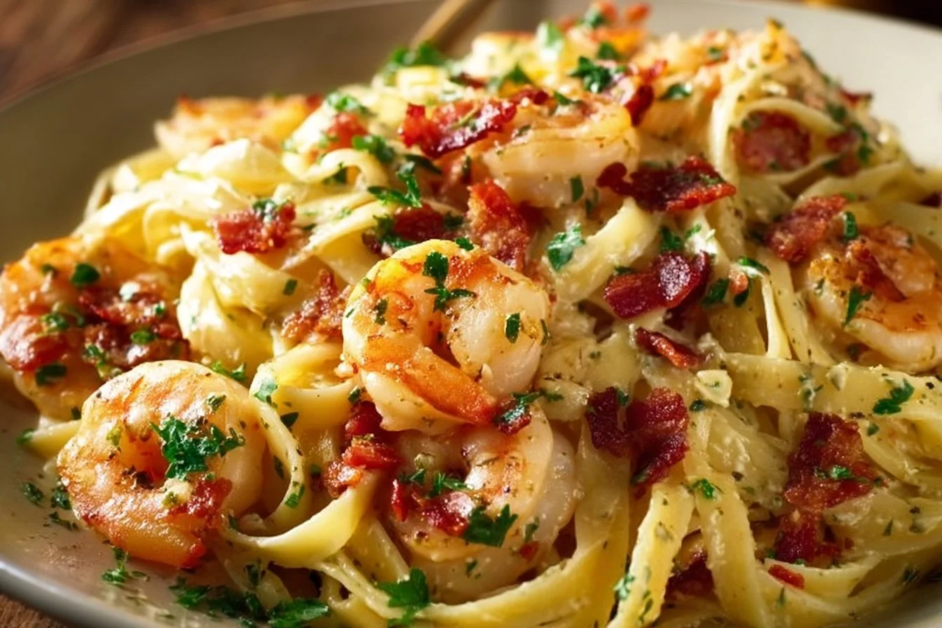 Delicious creamy shrimp pasta served in a bowl with herbs