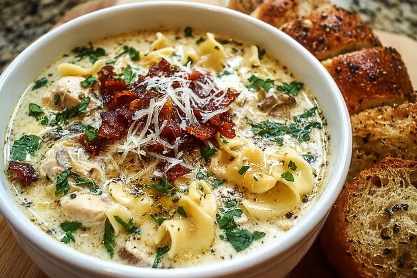 Bowl of creamy slow cooker white lasagna soup topped with herbs and cheese