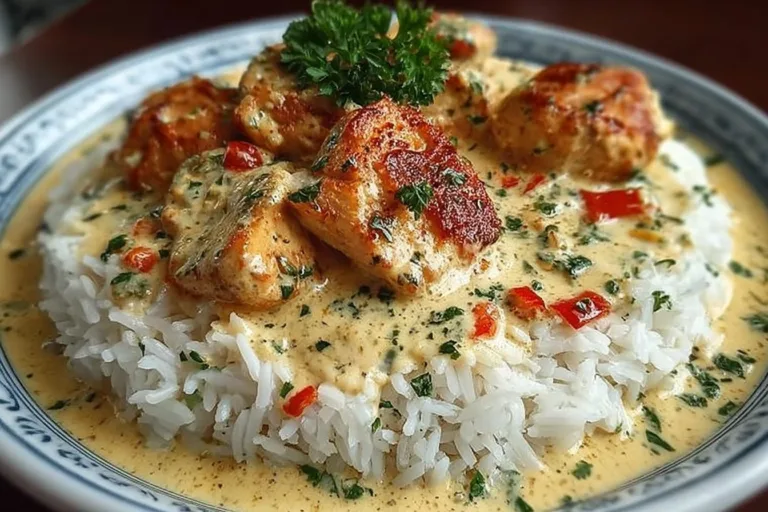 Delicious creamy smothered chicken served over rice, a comforting meal.