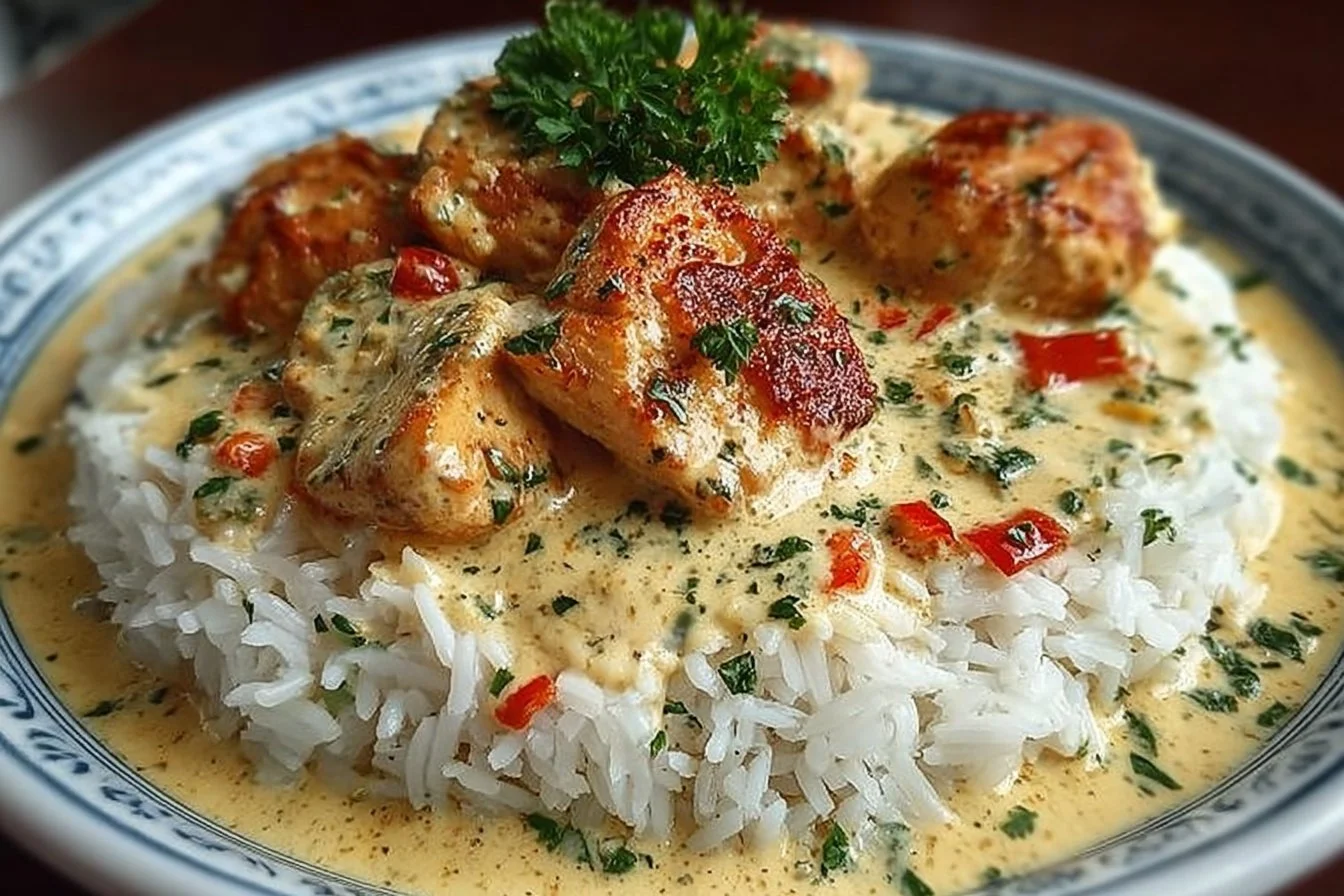 Delicious creamy smothered chicken served over rice, a comforting meal.