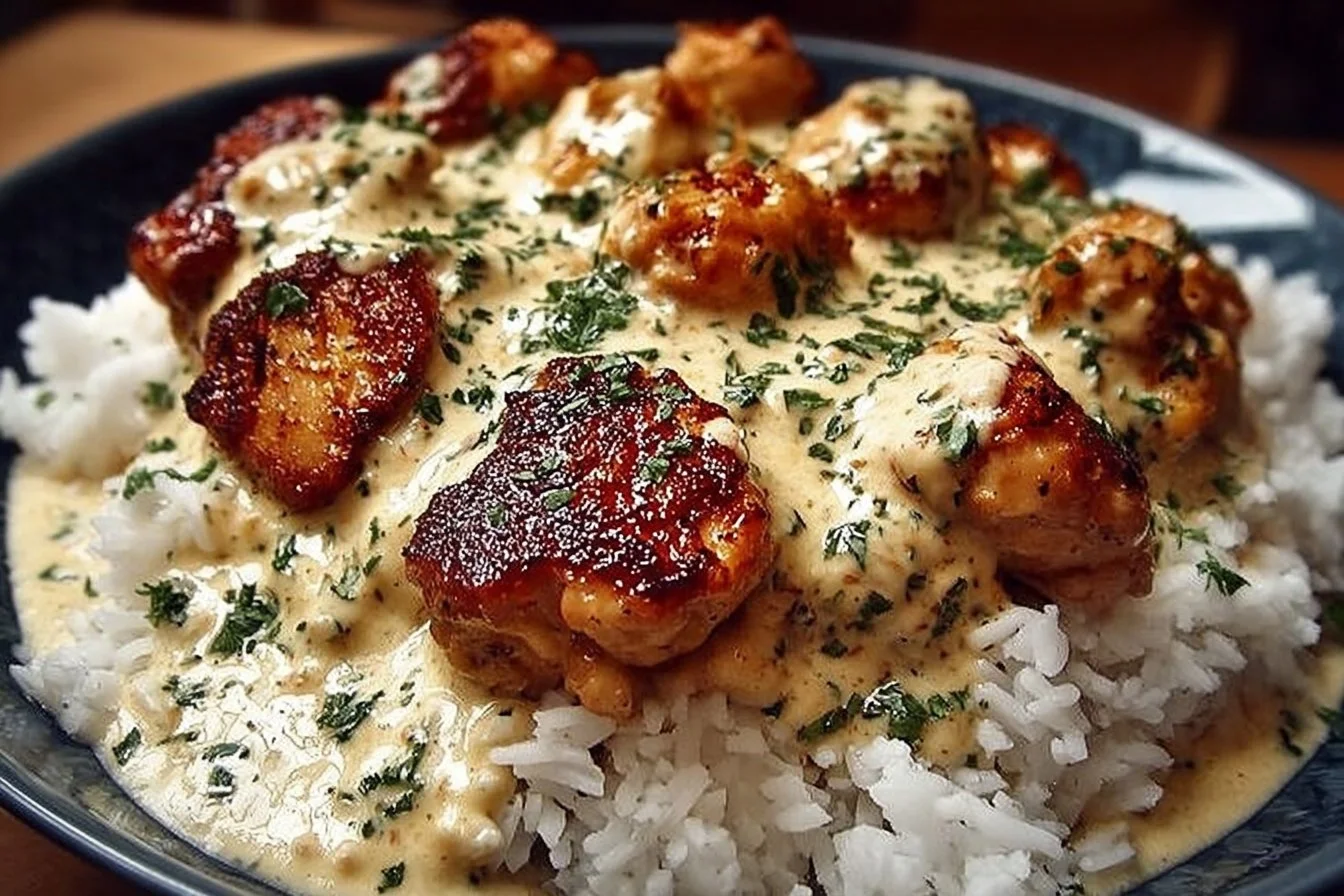 Delicious creamy smothered chicken served over rice, garnished with herbs.