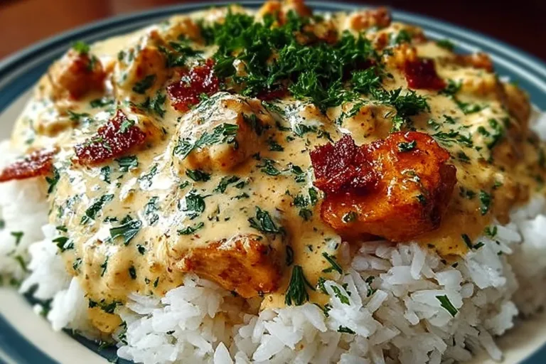 Creamy smothered chicken served over rice, garnished with herbs.