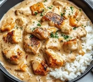 Creamy smothered chicken served over fluffy rice with herbs and spices