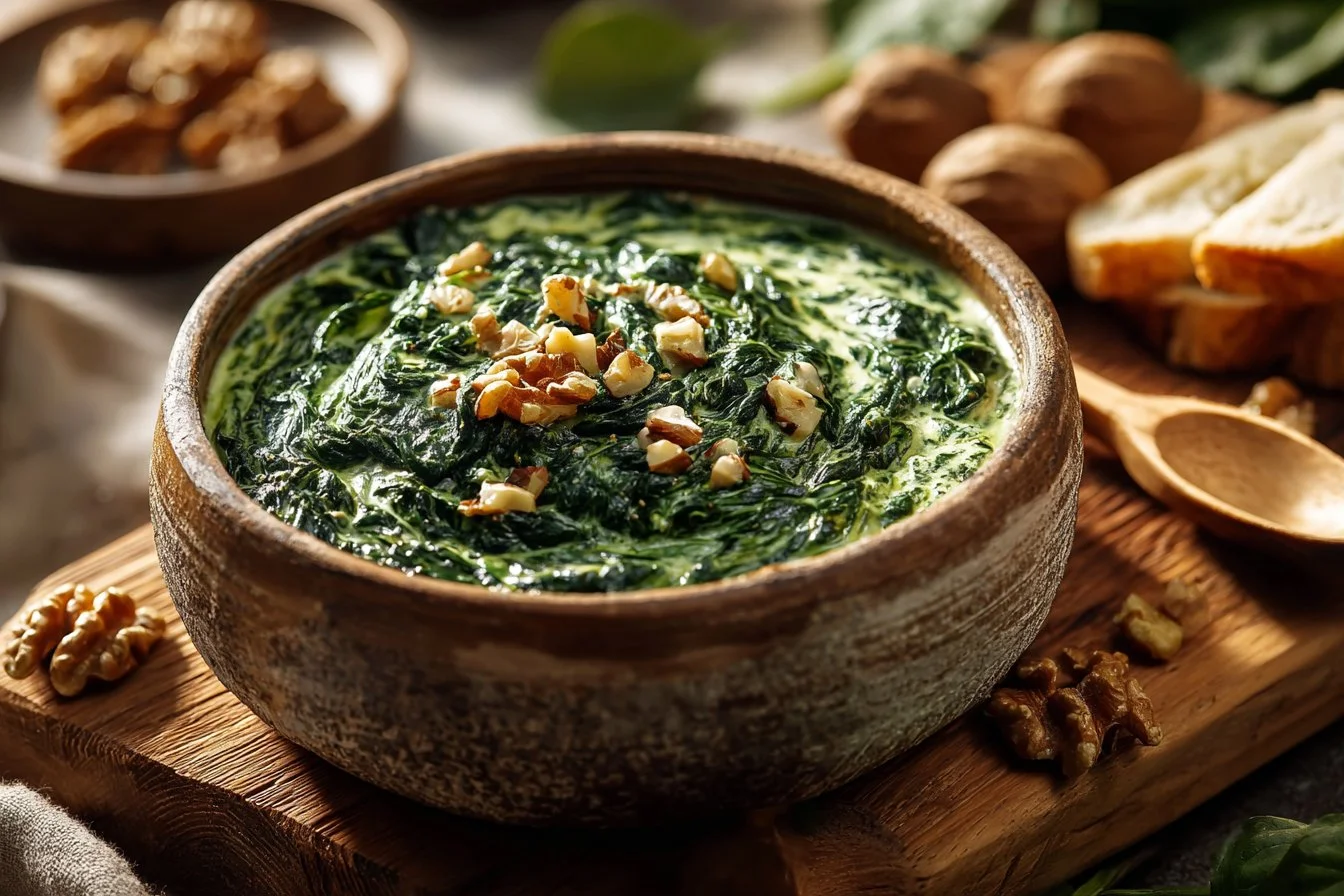 Creamy spinach pasta dish garnished with herbs and cheese