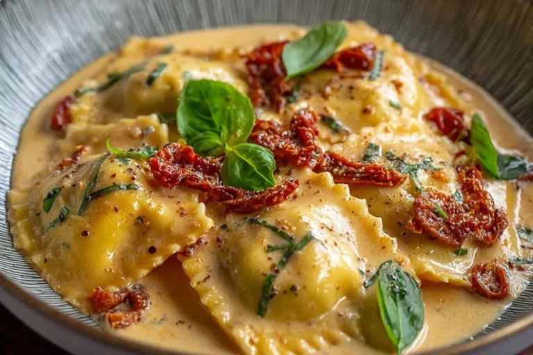 Creamy sun-dried tomato chicken ravioli served on a plate with garnish