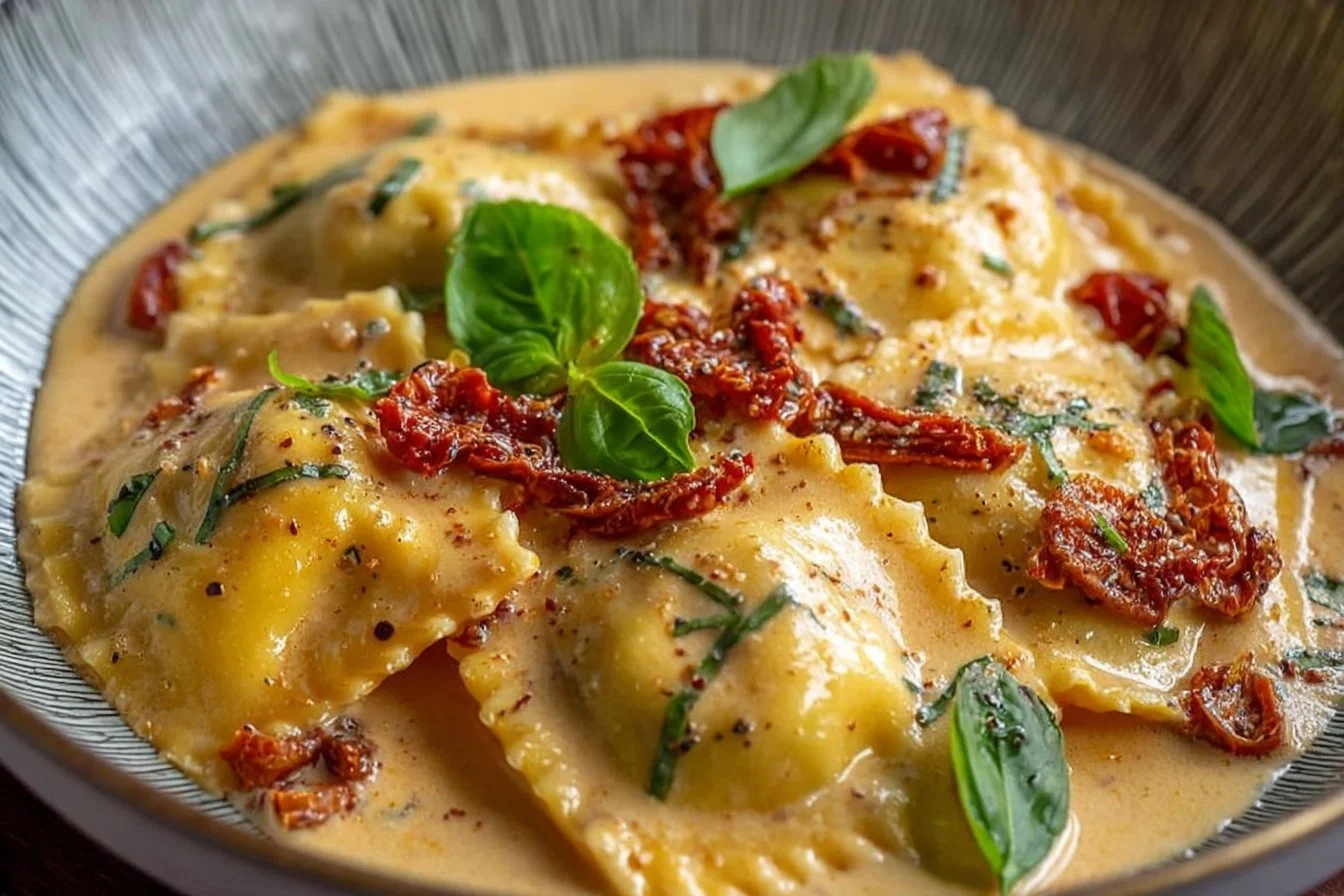 Creamy sun-dried tomato chicken ravioli served on a plate with garnish