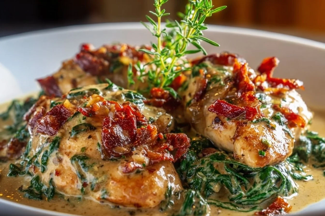 Delicious Creamy Tuscan Chicken with spinach and sun-dried tomatoes