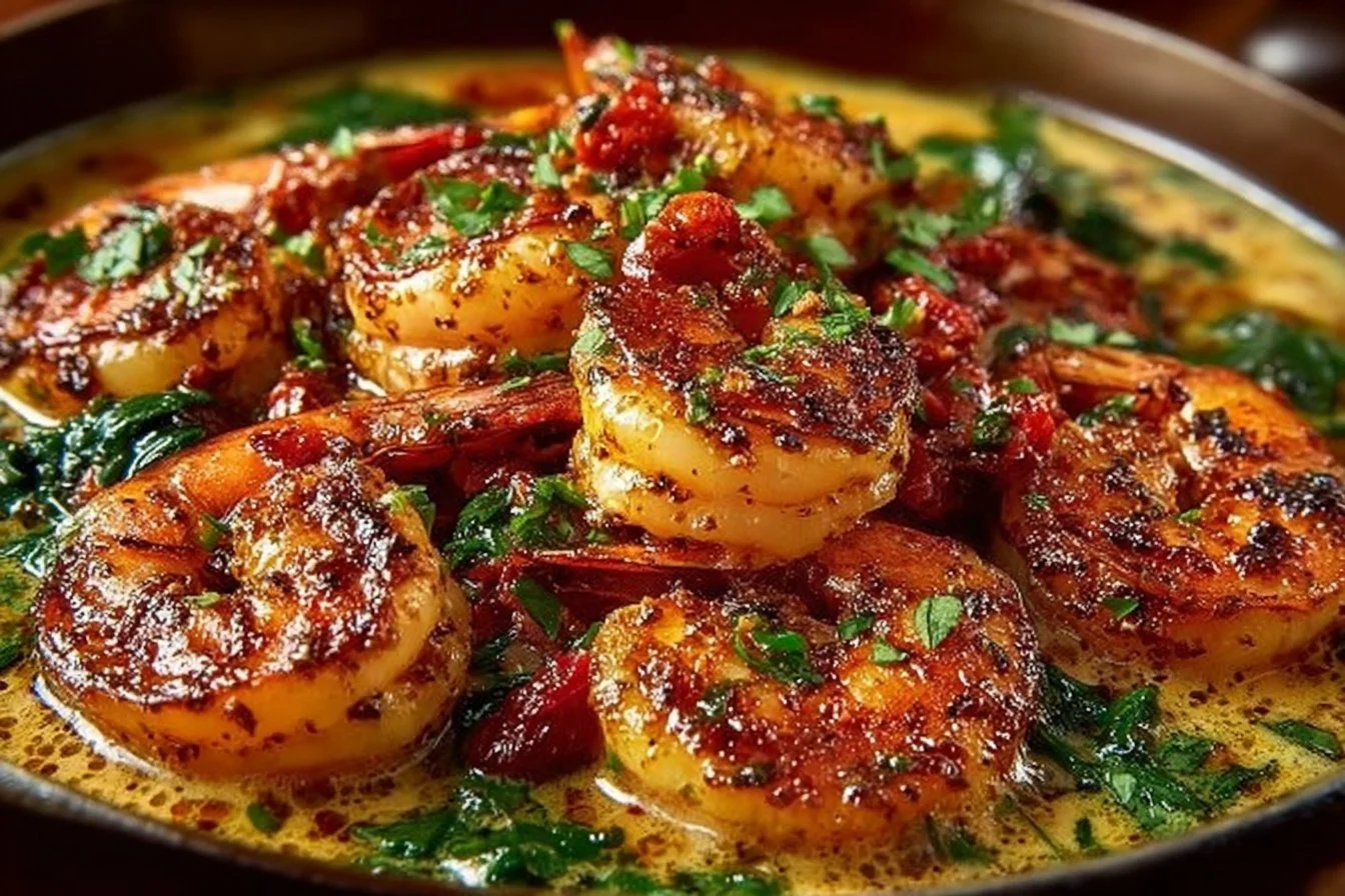 Creamy Tuscan shrimp served with spinach and sun-dried tomatoes in a delicious sauce.
