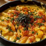 Creamy vegan cheese tteokbokki served in a bowl with toppings