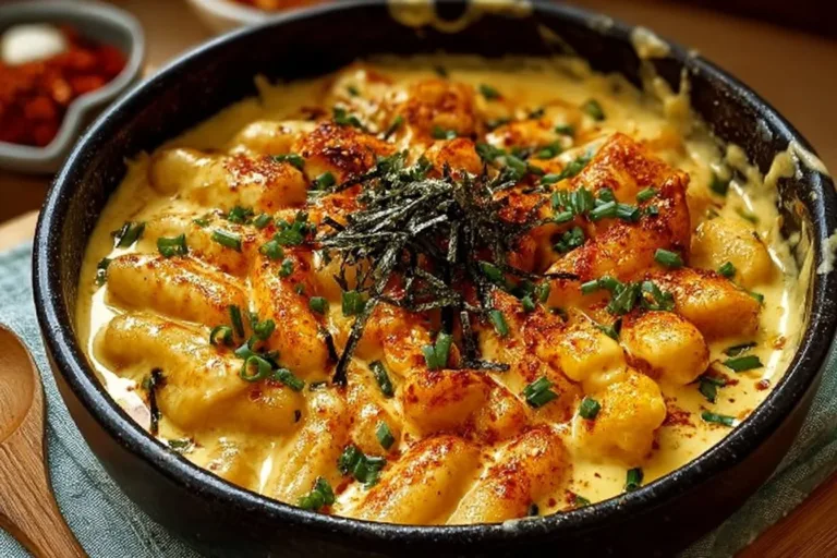 Creamy vegan cheese tteokbokki served in a bowl with toppings