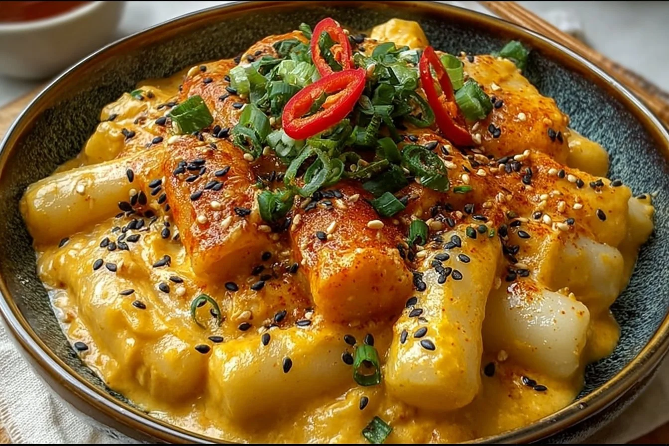 Bowl of creamy vegan cheese tteokbokki topped with herbs and spices