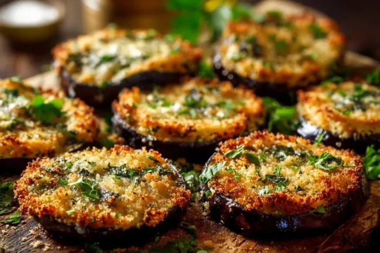 Crispy baked eggplant slices on a plate, garnished with herbs.