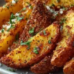 Crispy baked potato wedges served with dipping sauce.