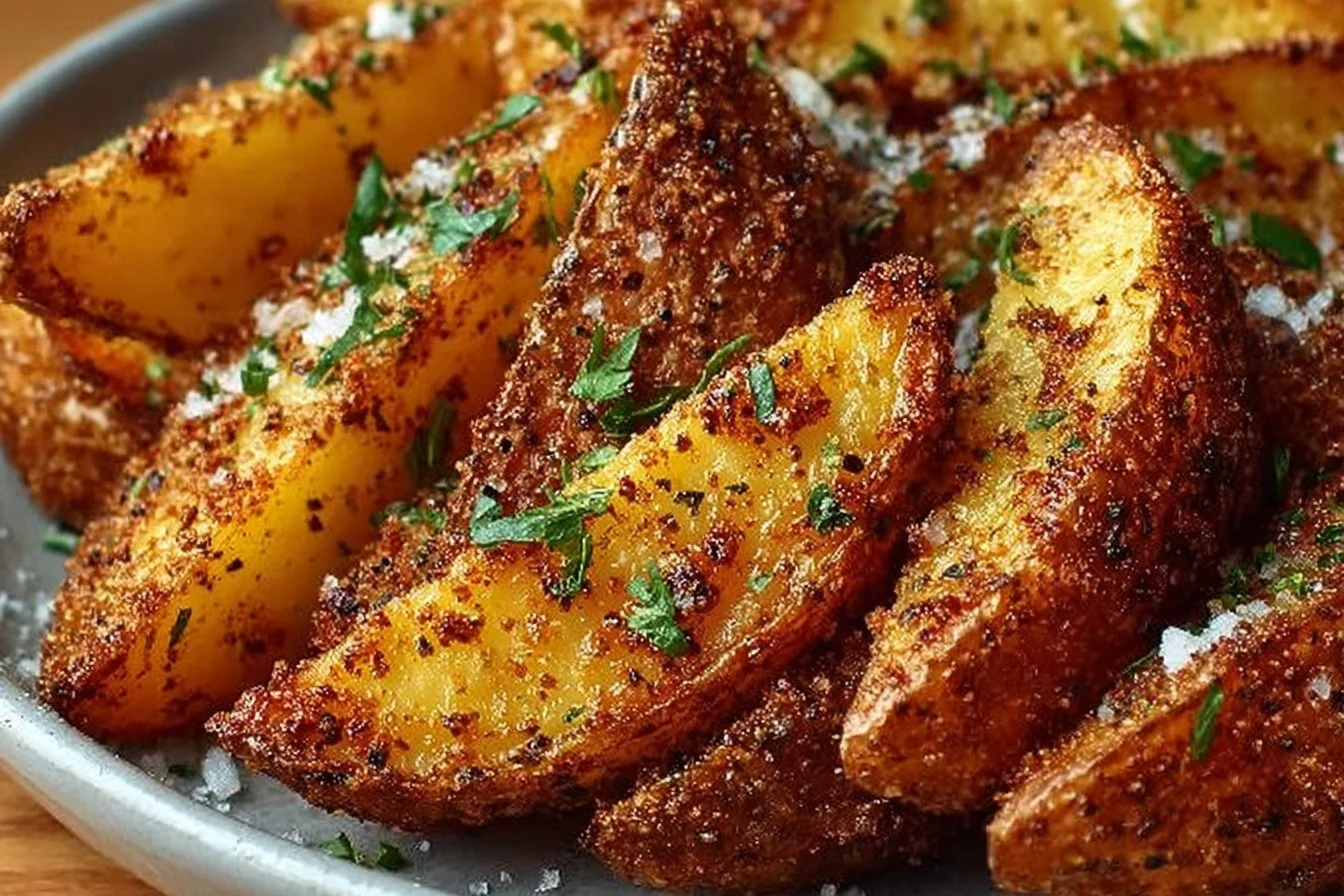 Crispy baked potato wedges served with dipping sauce.