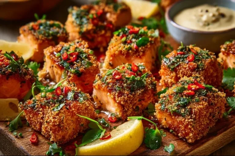 Crispy Bang Bang Salmon bites served on a plate with dipping sauce