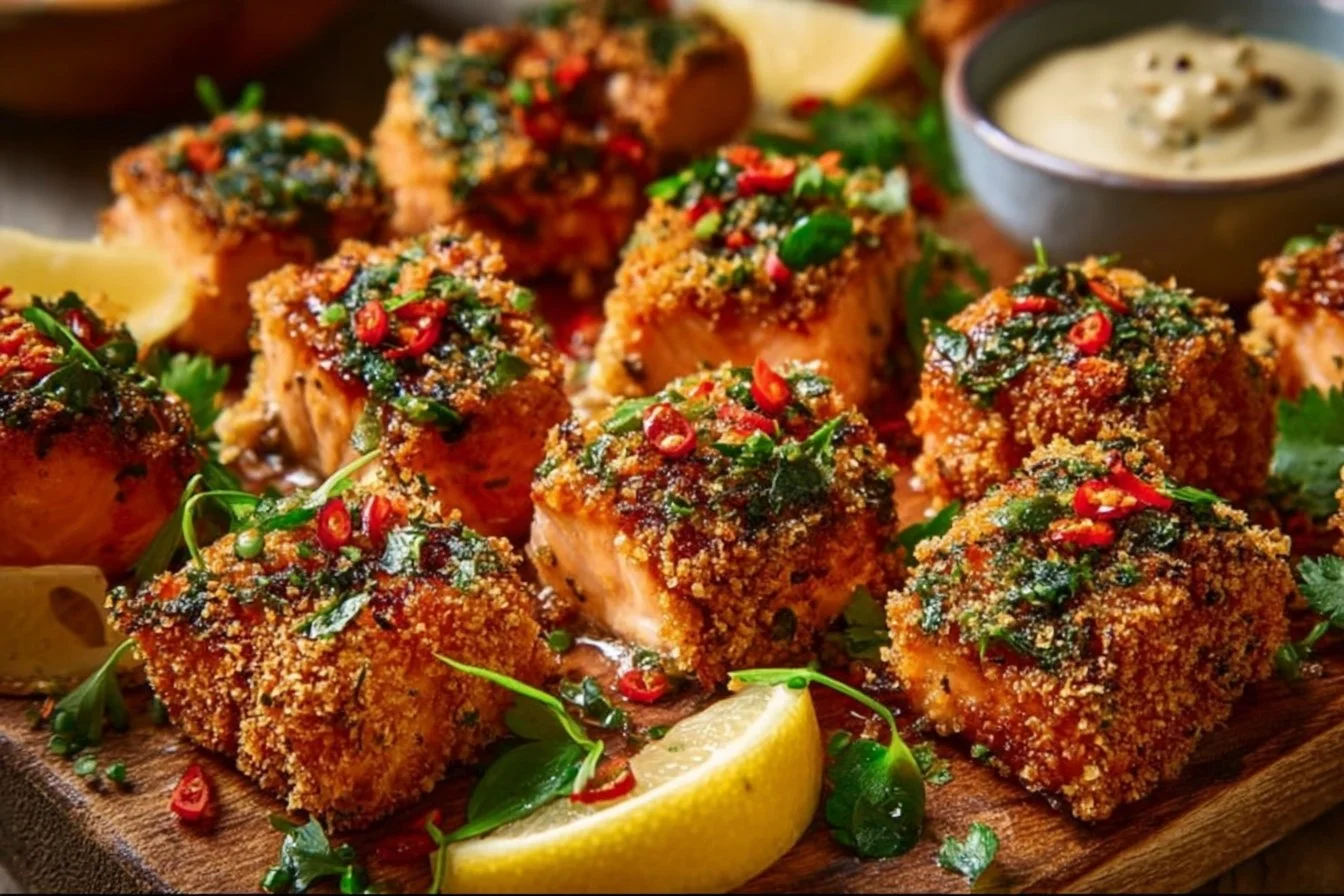 Crispy Bang Bang Salmon bites served on a plate with dipping sauce