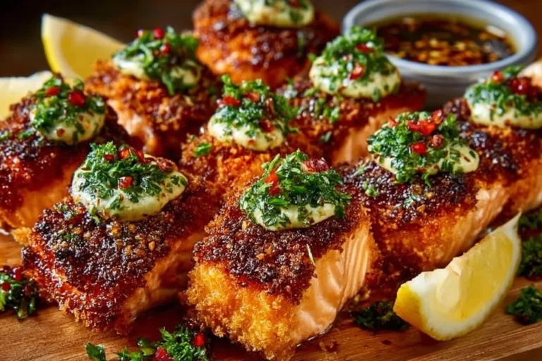 Crispy Bang Bang Salmon bites served with dipping sauce on a plate.
