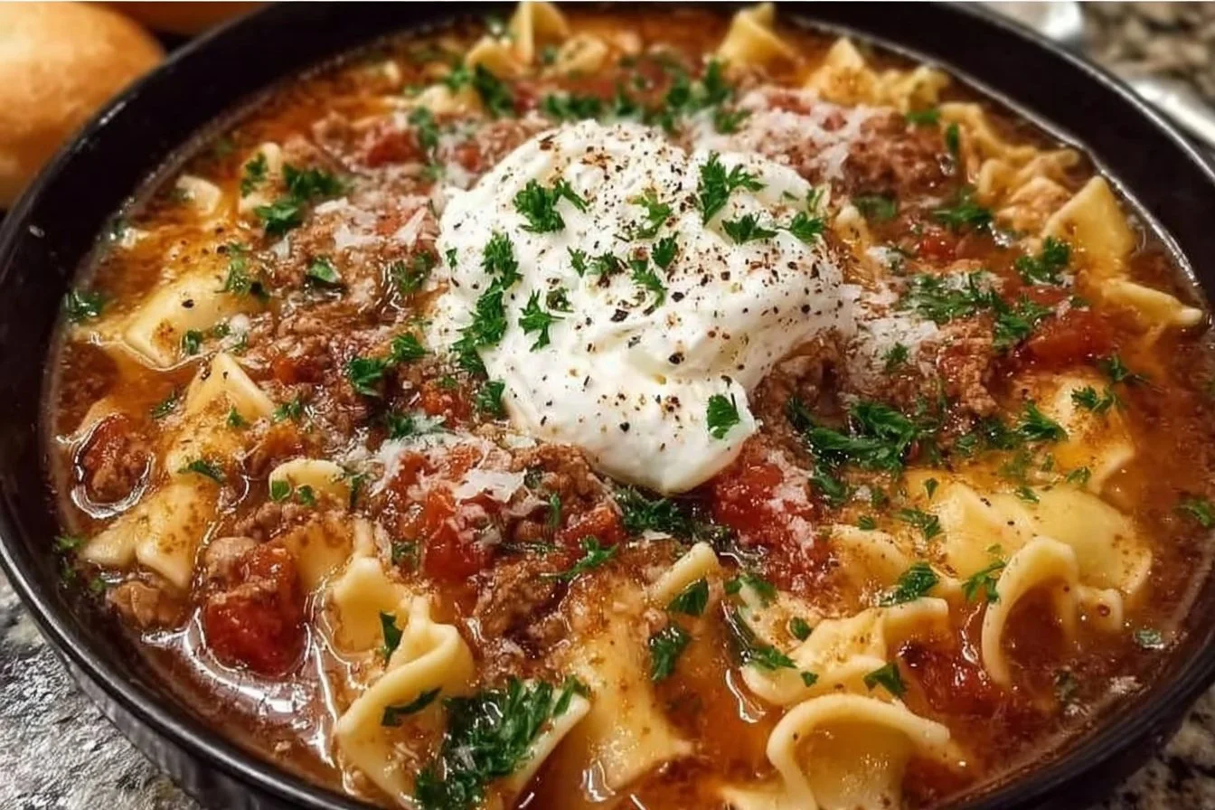 Delicious bowl of Crock Pot Lasagna Soup with cheese and herbs
