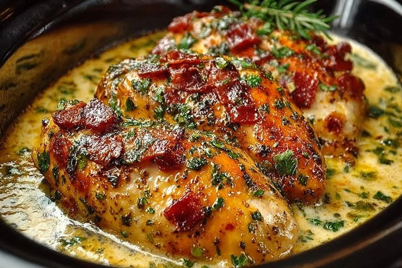 Delicious Crock Pot Marry Me Chicken served on a plate with fresh herbs.