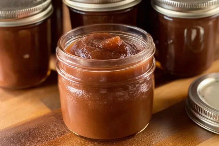 Homemade Crockpot apple butter in a jar with apples and spices