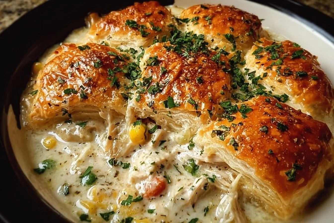 Crockpot Chicken Pot Pie Casserole fresh out of the slow cooker