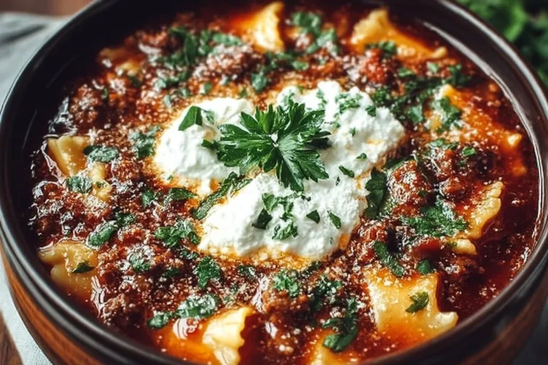 Bowl of delicious Crockpot Lasagna Soup garnished with fresh herbs.