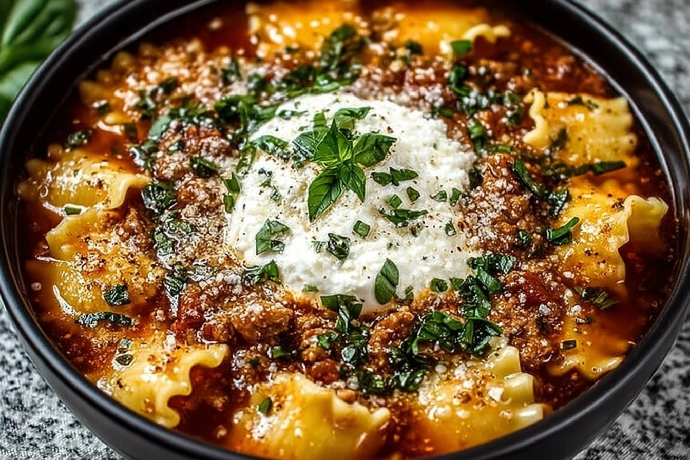 Delicious Crockpot Lasagna Soup topped with cheese and herbs in a bowl