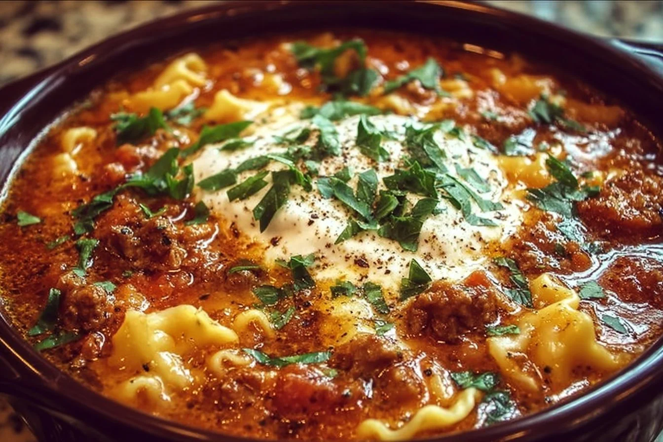 Bowl of Crockpot lasagna soup topped with cheese and herbs