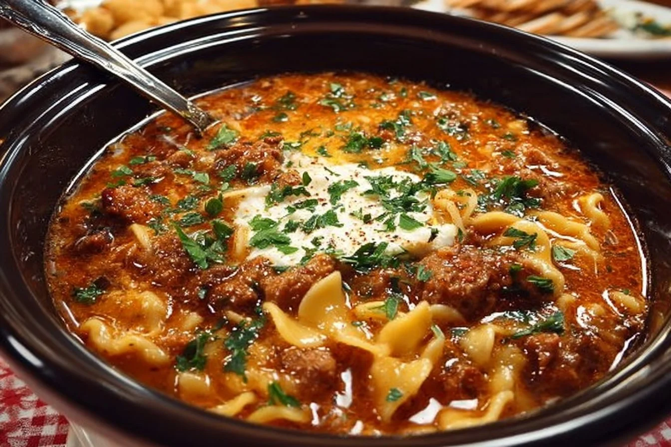 Bowl of delicious Crockpot Lasagna Soup topped with cheese and herbs