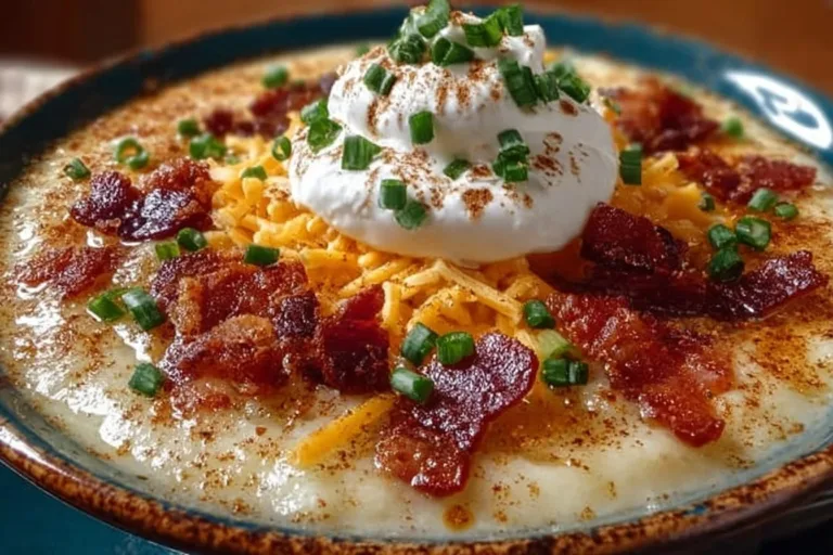 Crockpot Loaded Baked Potato Soup with toppings in a bowl