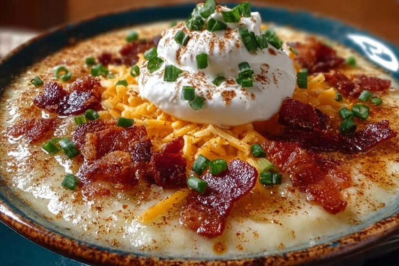 Crockpot Loaded Baked Potato Soup with toppings in a bowl
