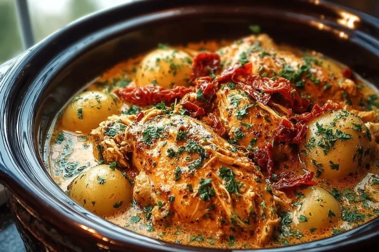 Delicious Crockpot Marry Me Chicken served on a plate with herbs.