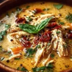 Crockpot Marry Me Chicken Soup in a bowl with herbs and spices
