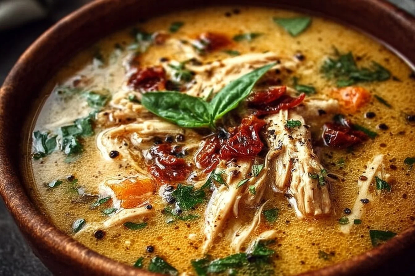 Crockpot Marry Me Chicken Soup in a bowl with herbs and spices