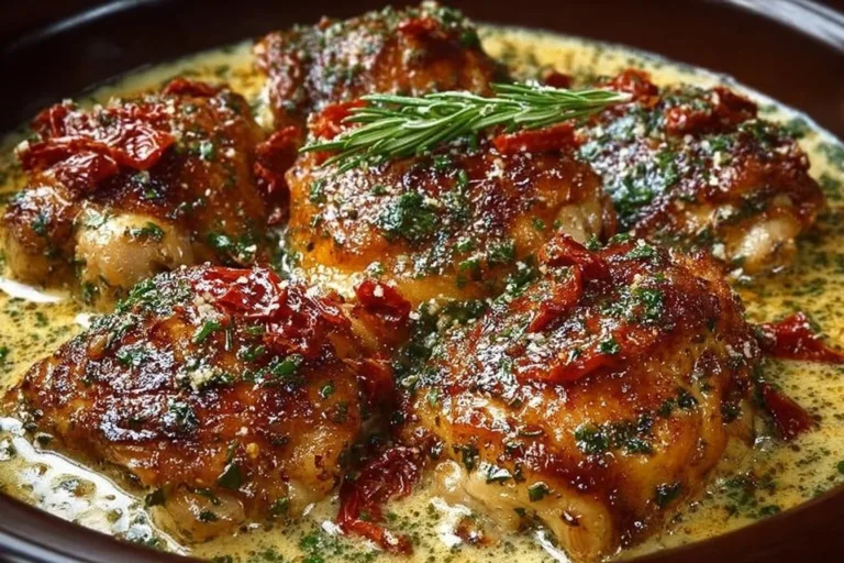 Delicious Crockpot Marry Me Chicken Thighs garnished with herbs and served hot.