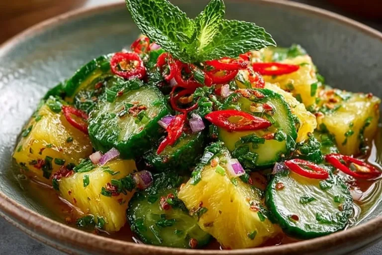 Crunchy pineapple cucumber salad served in a bowl for a refreshing meal.