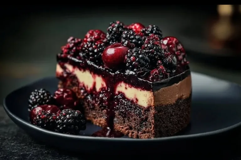 Slice of Black Forest Cheesecake Pie topped with cherries and whipped cream