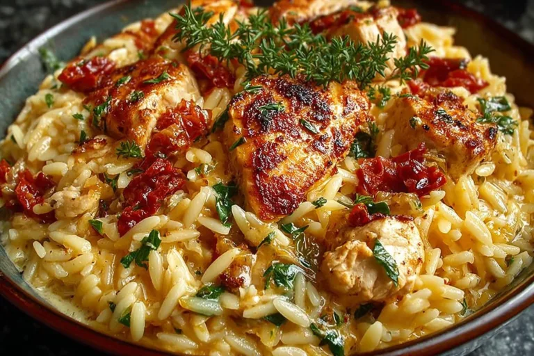 Delicious Marry Me Chicken Orzo dish garnished with fresh herbs