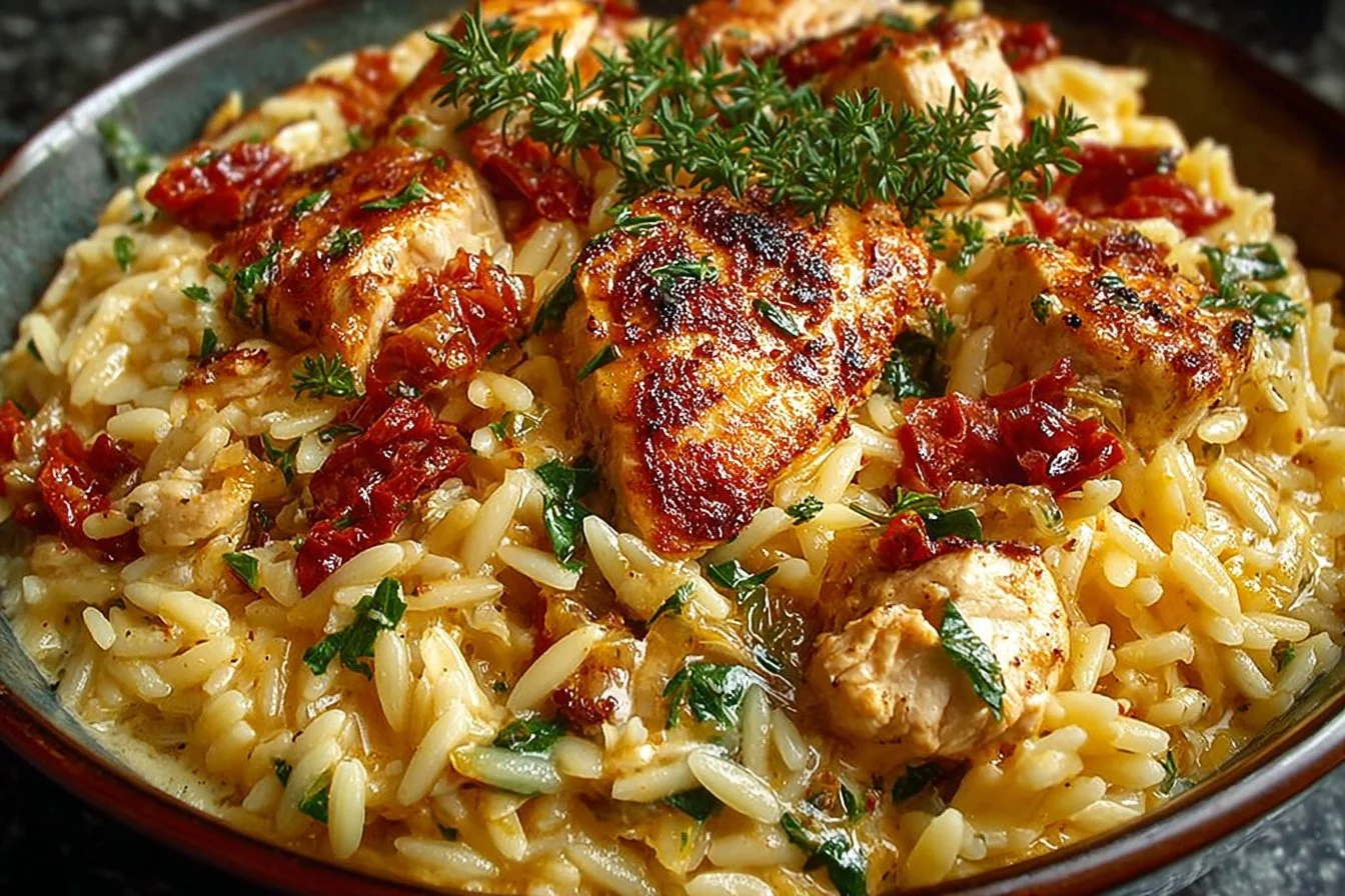 Delicious Marry Me Chicken Orzo dish garnished with fresh herbs