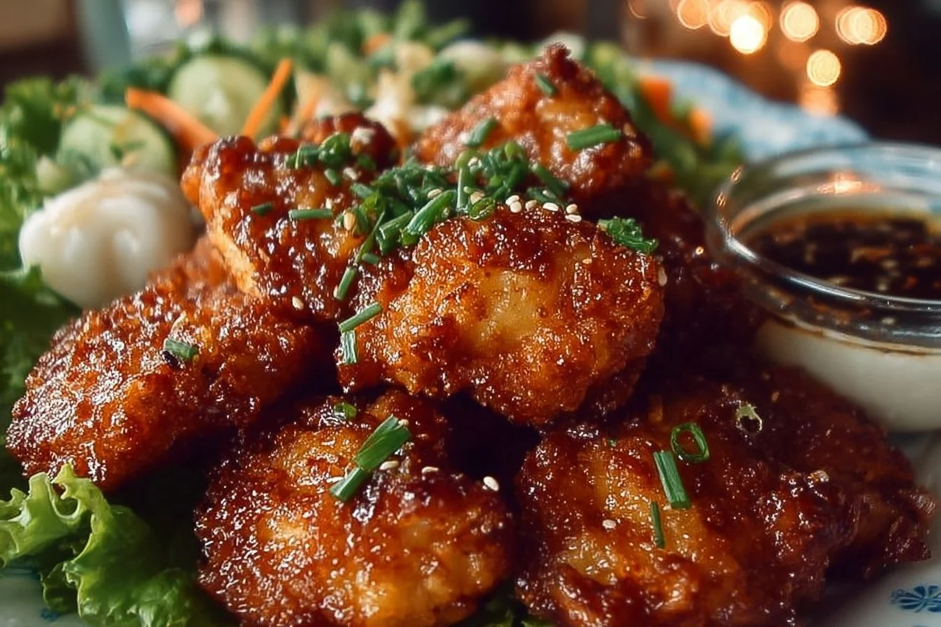 Plate of delightful Hawaiian Fried Garlic Chicken garnished with herbs
