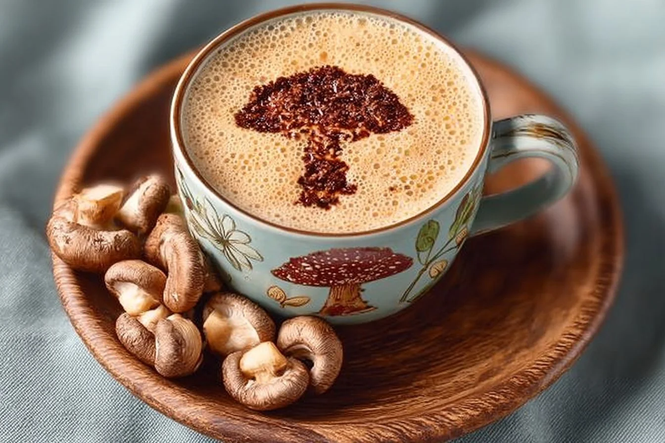 Cup of mushroom coffee on a table, promoting health and weight loss benefits.