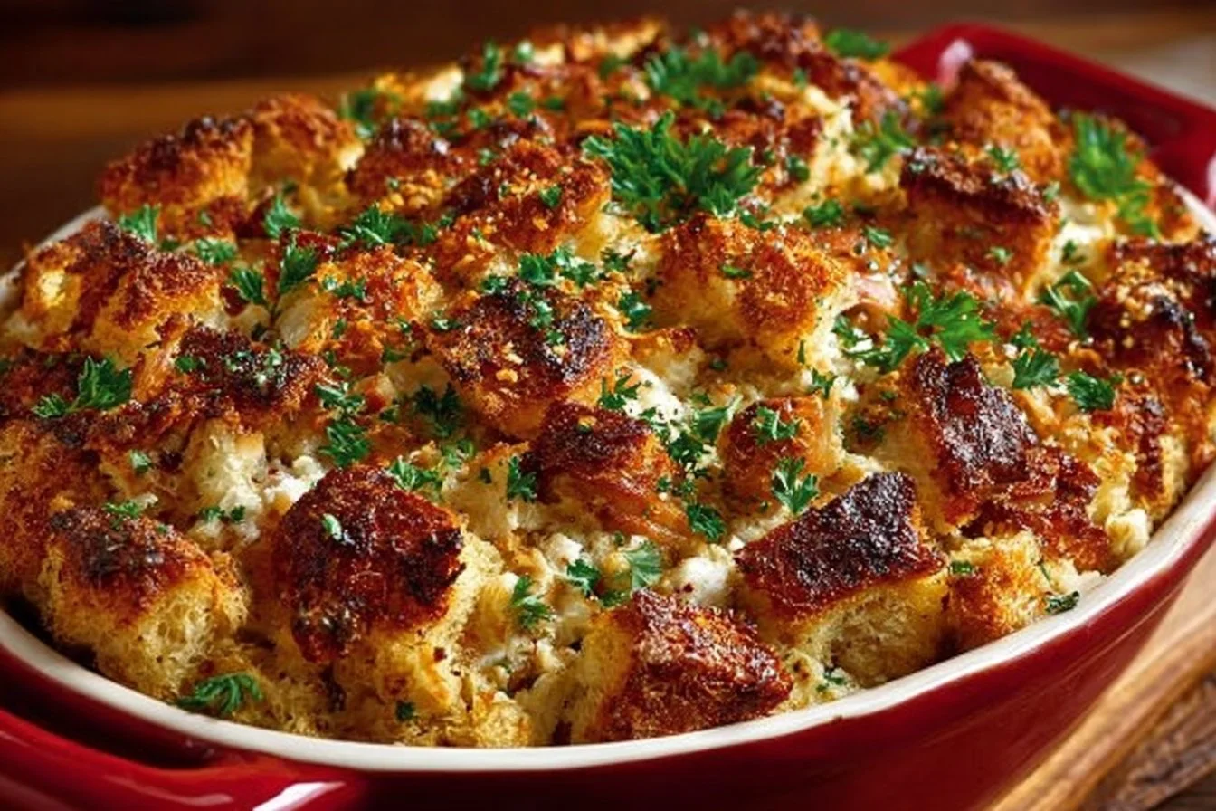 Delicious Dolly's Chicken and Stuffing Casserole topped with golden breadcrumbs