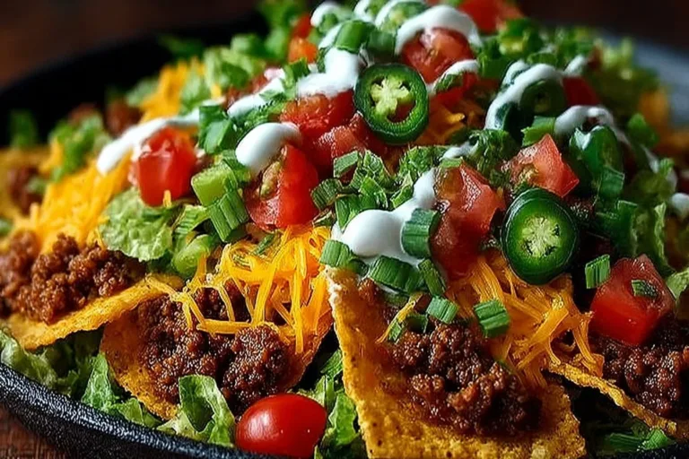 Delicious Dorito Taco Salad with crunchy chips, ground beef, and fresh vegetables