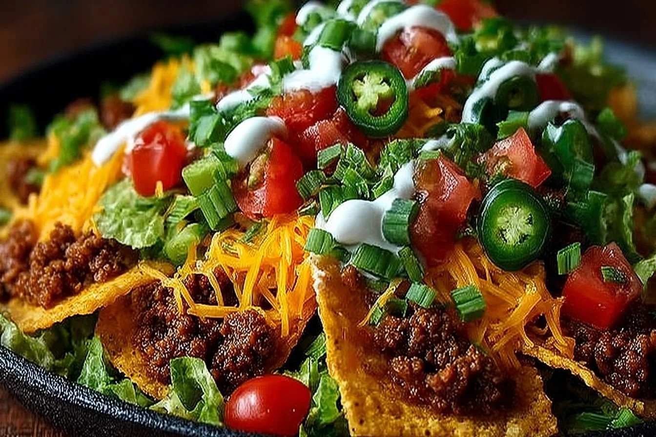 Delicious Dorito Taco Salad with crunchy chips, ground beef, and fresh vegetables