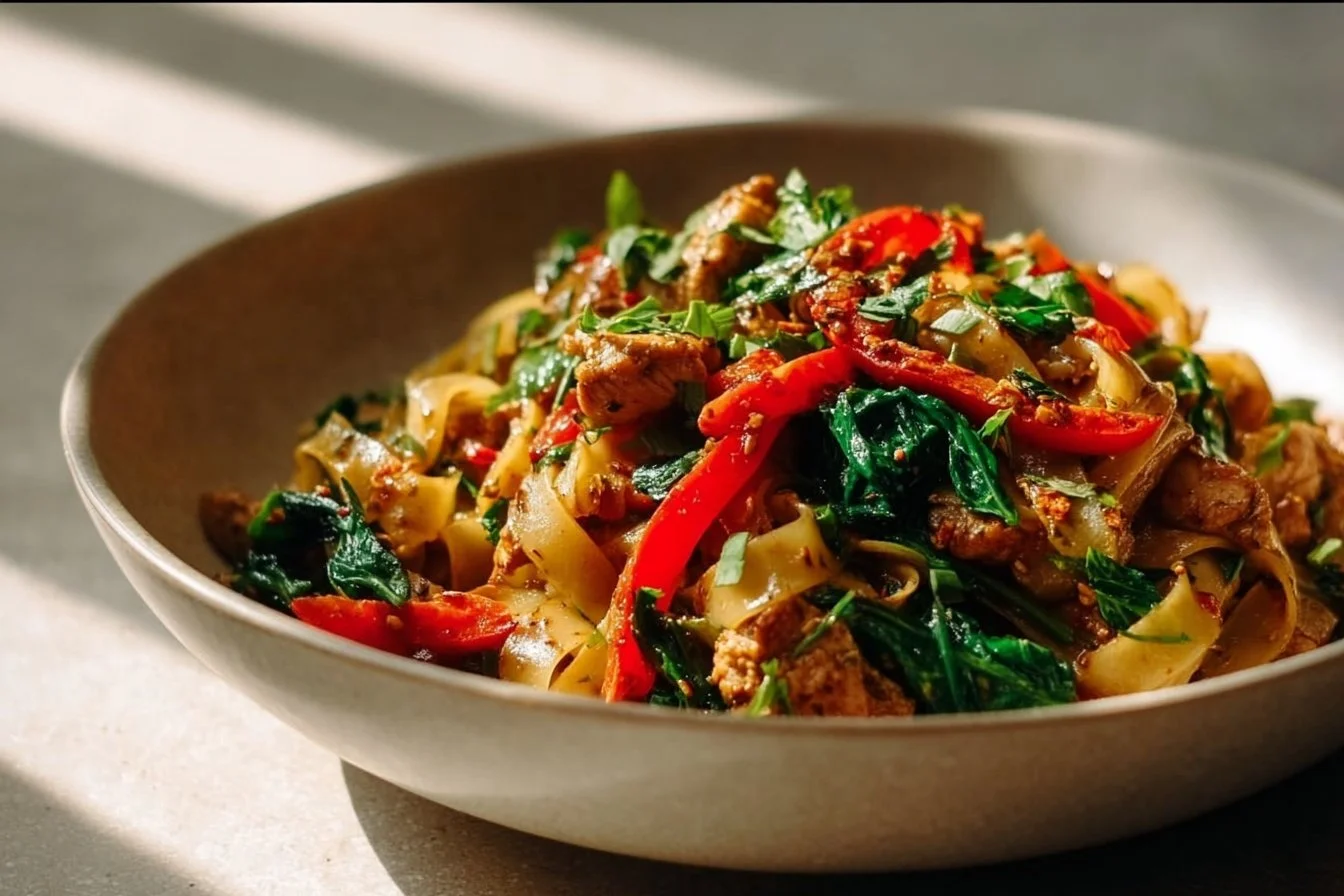 Plate of spicy drunken noodles served with fresh vegetables