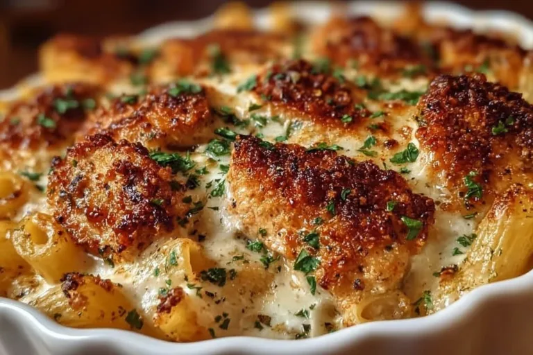 Dump-and-Bake Chicken Parmesan Casserole in a baking dish with melted cheese