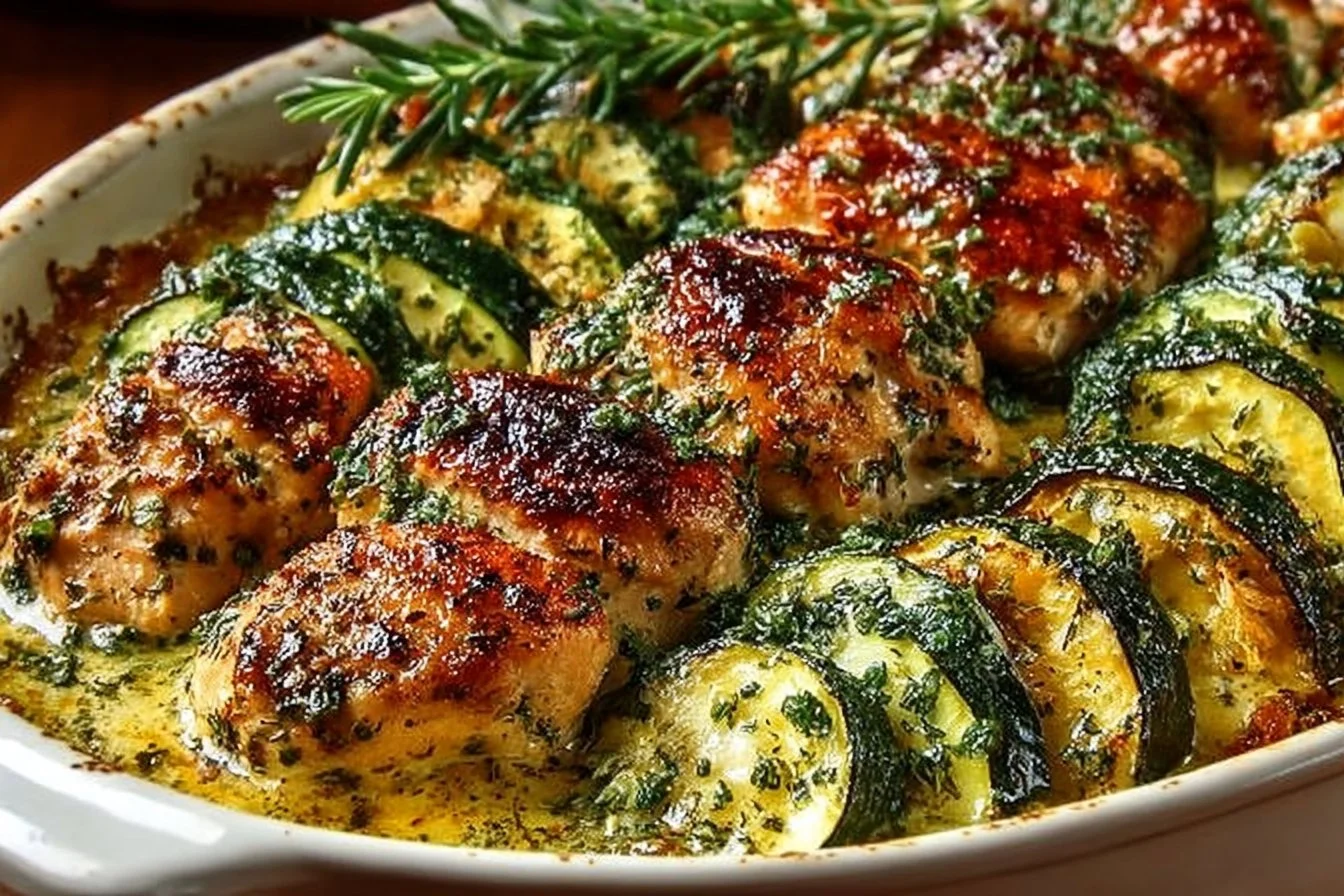 Easy chicken zucchini bake topped with cheese in a baking dish