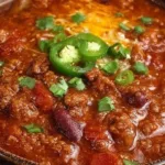 Bowl of easy chili recipe topped with cheese and cilantro