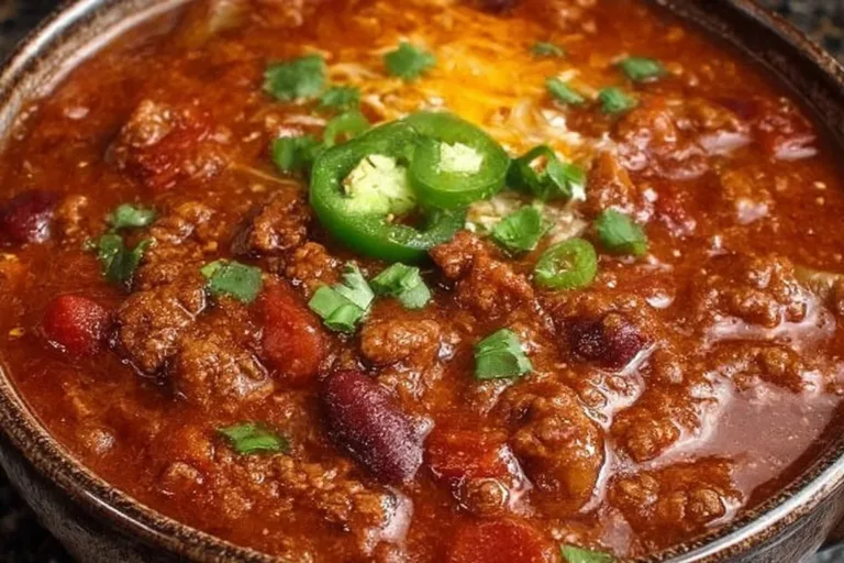Bowl of easy chili recipe topped with cheese and cilantro